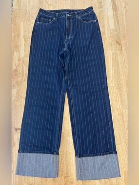 HM Divided Pinstripe Wide Leg Cuffed Jeans Size 8 High Waisted Dark Wash